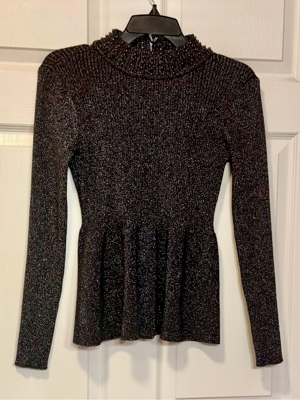 Belldini Black Silver Metallic Mock Neck Peplum Top Embellished Collar Size Smal - Picture 2 of 13
